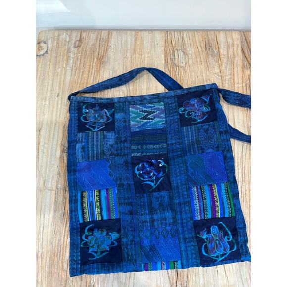 Vintage Guatemalan Embroidered Patchwork Shoulder Bag Tote Blue Boho - Picture 4 of 6